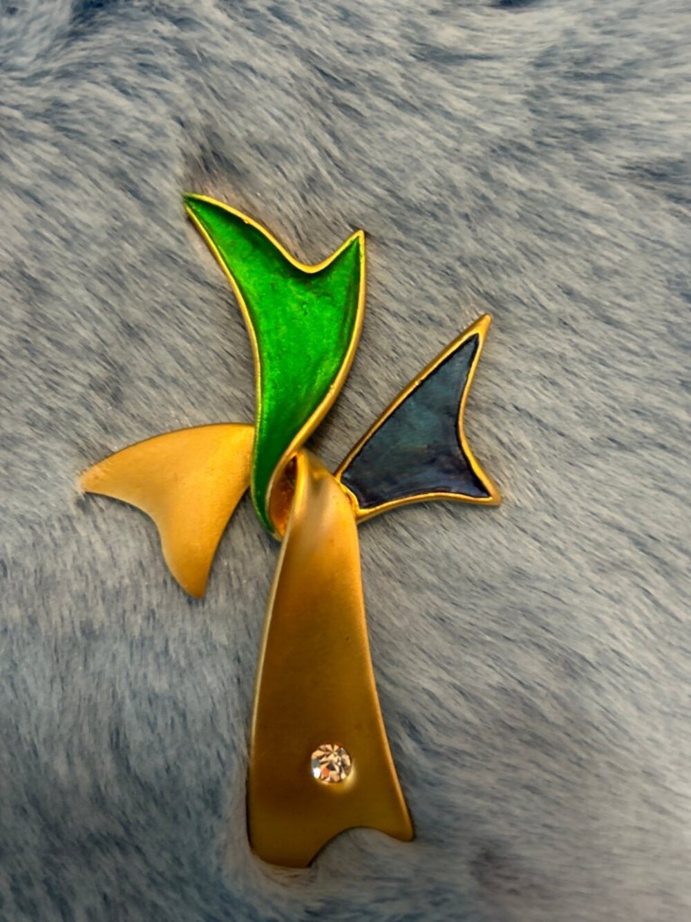 Vintage Enamel Brooch Abstract Bird Green Blue Gold Tone Crystal